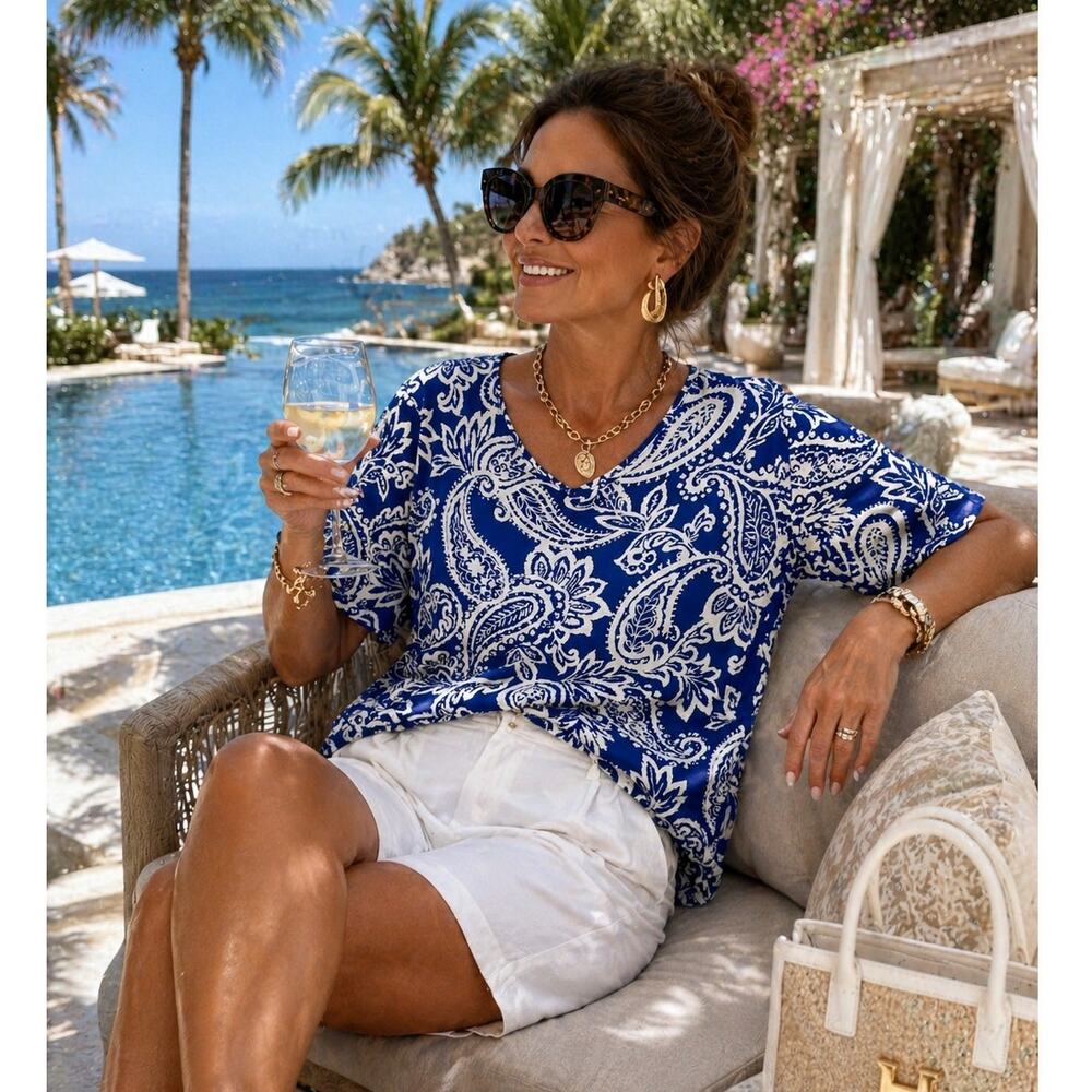 Chico's Paisley Gabrielle Blue White Top Size 3 (XL/16) NWT